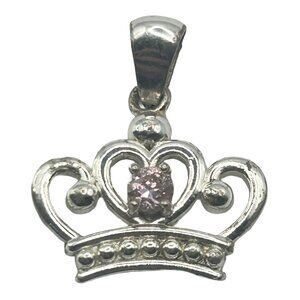 Sterling Silver Disney Princess Crown Necklace Pendant Pink CZ